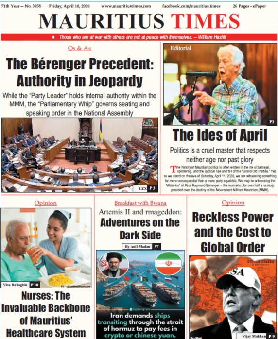 You are currently viewing Mauritius Times ePaper – Friday 10 April 2026